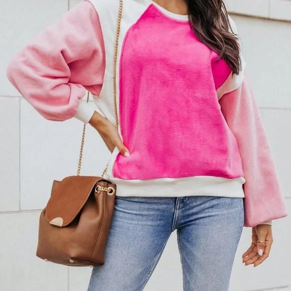 Pink Casual Womens Colorblock Lantern Sleeve Sweatshirt - Picture 5 of 5
